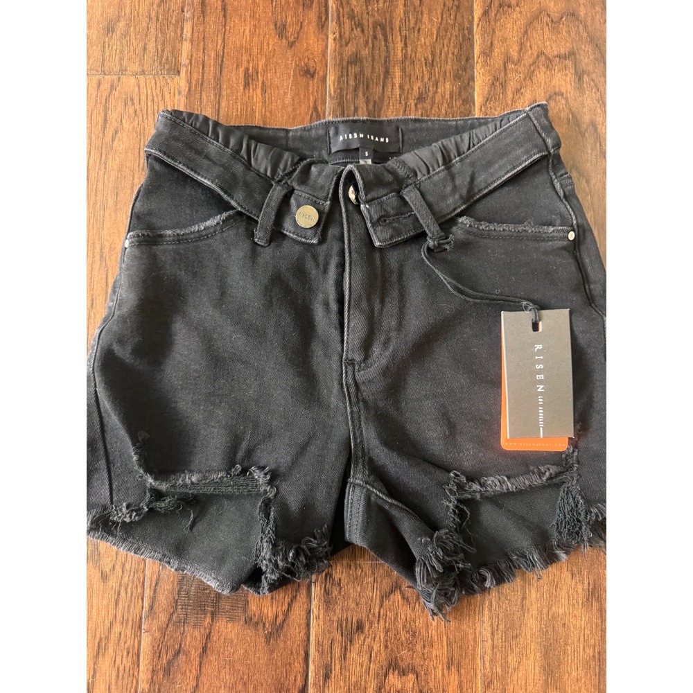 Risen Jeans Black Distressed Crossover Denim Shorts Size Small NWT